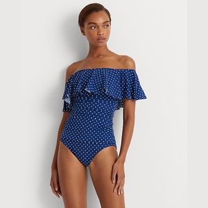 Lauren Ralph Lauren Polka-Dot Off-the-Shoulder One-Piece Size 16